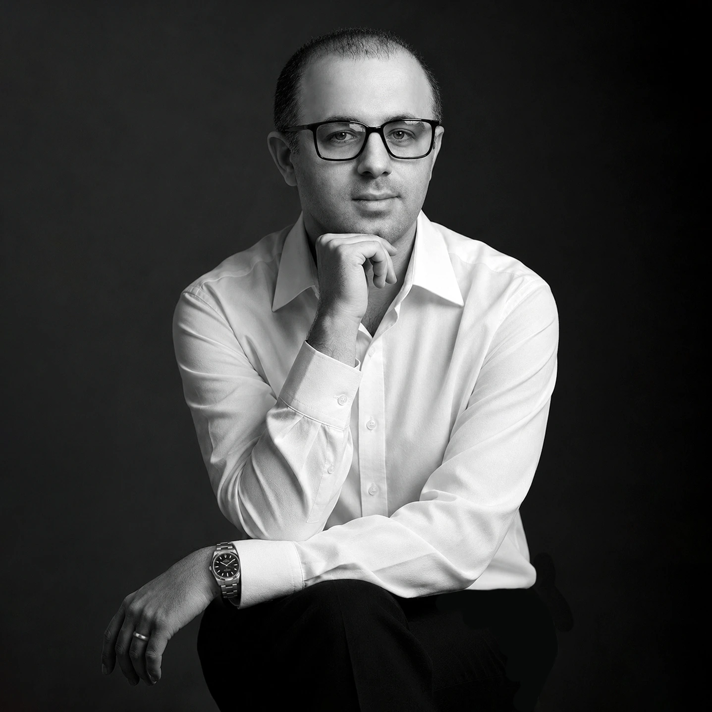 Black and white portrait of Hamed Khania